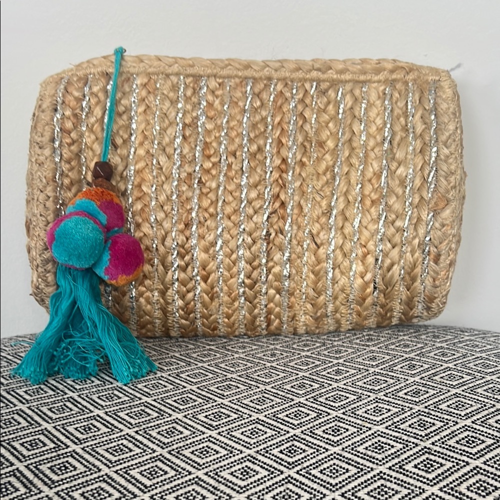 Woven Straw Tassel Clutch with Silver Accents